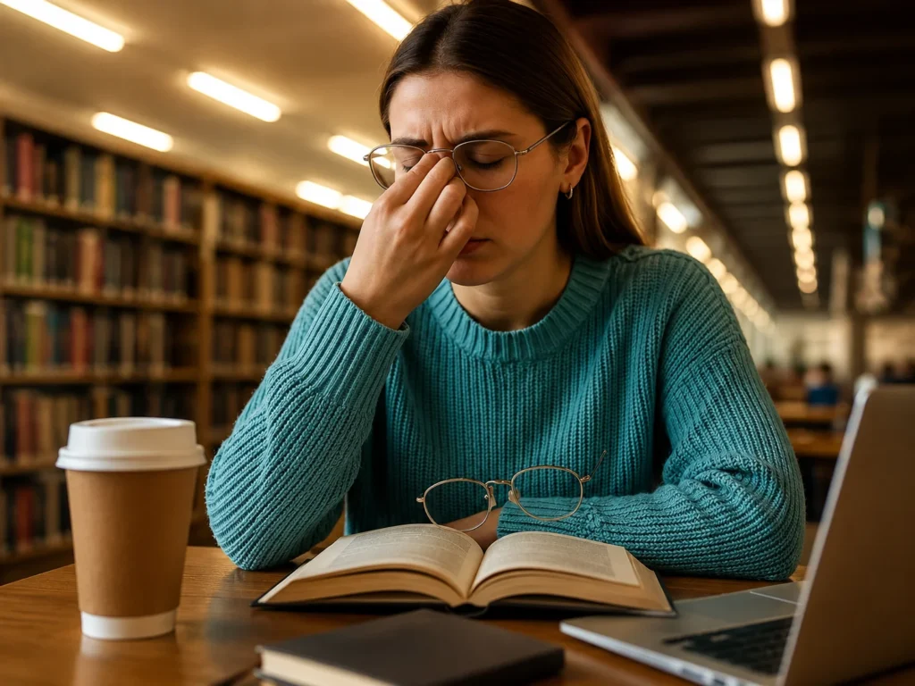 Chica en la biblioteca cansada