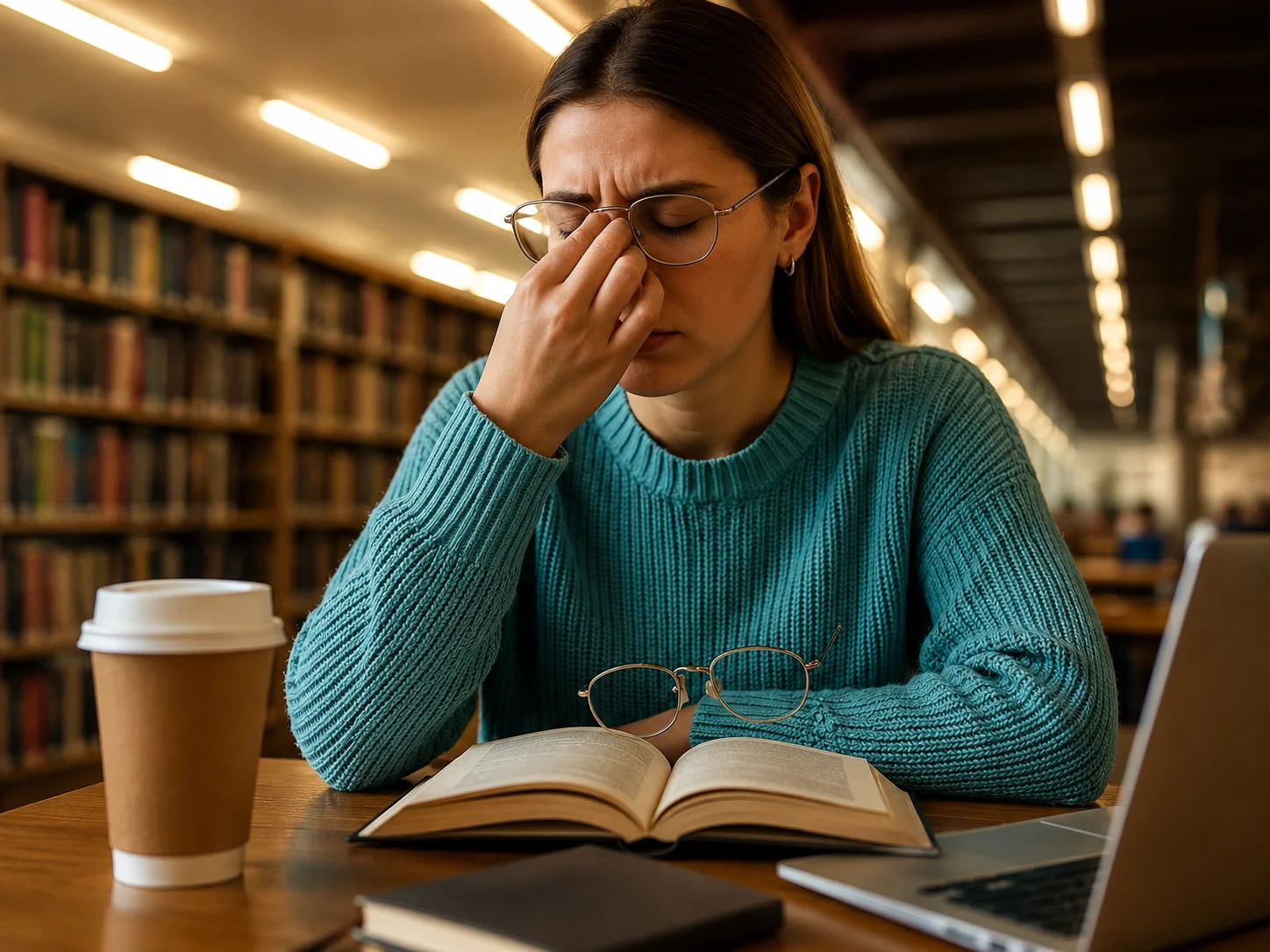 Chica en la biblioteca cansada