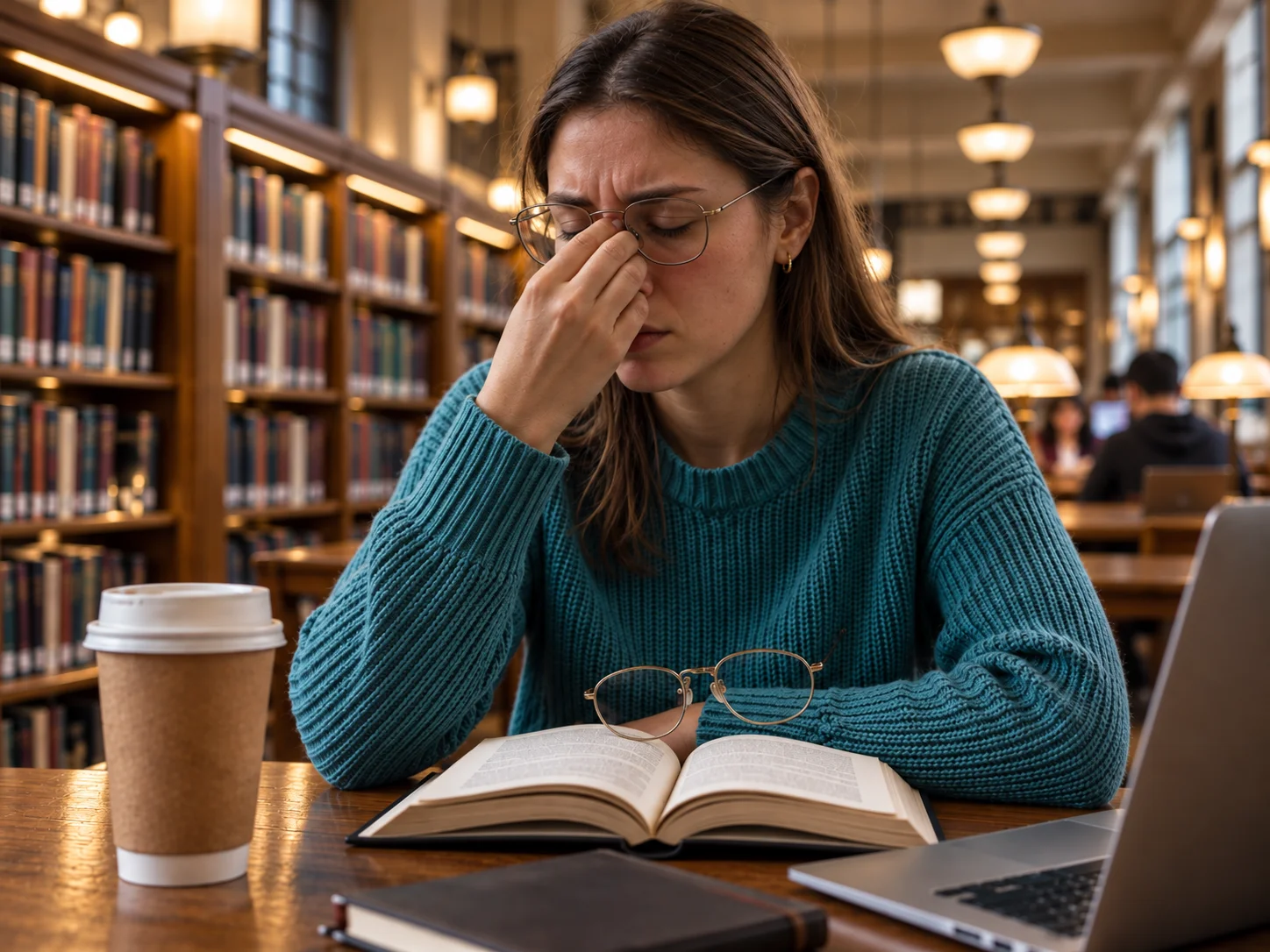 Chica en la biblioteca cansada