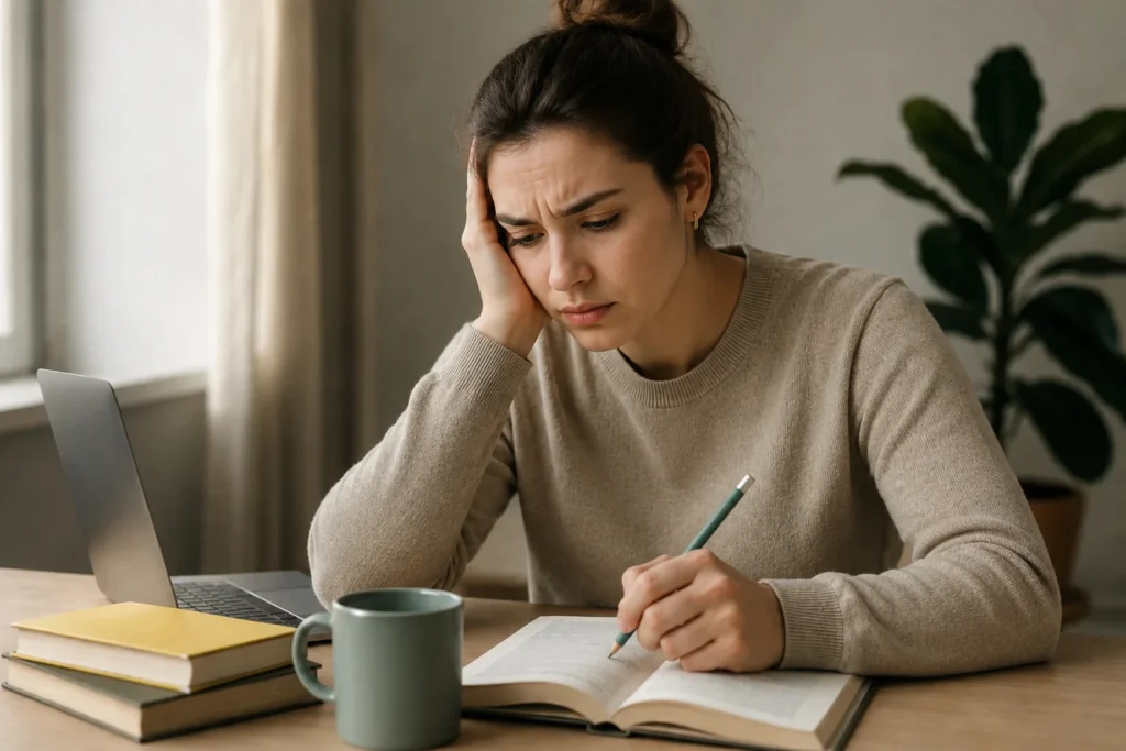 Opositora frente a un libro mientras estudia
